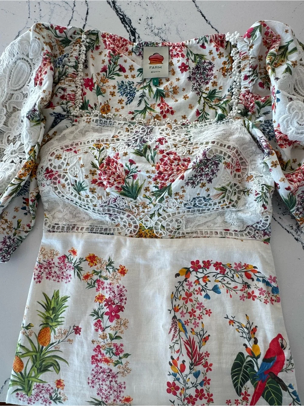 FARM Rio RARE White Floral Lace Dress with Multicolor Tropical Print Size Small